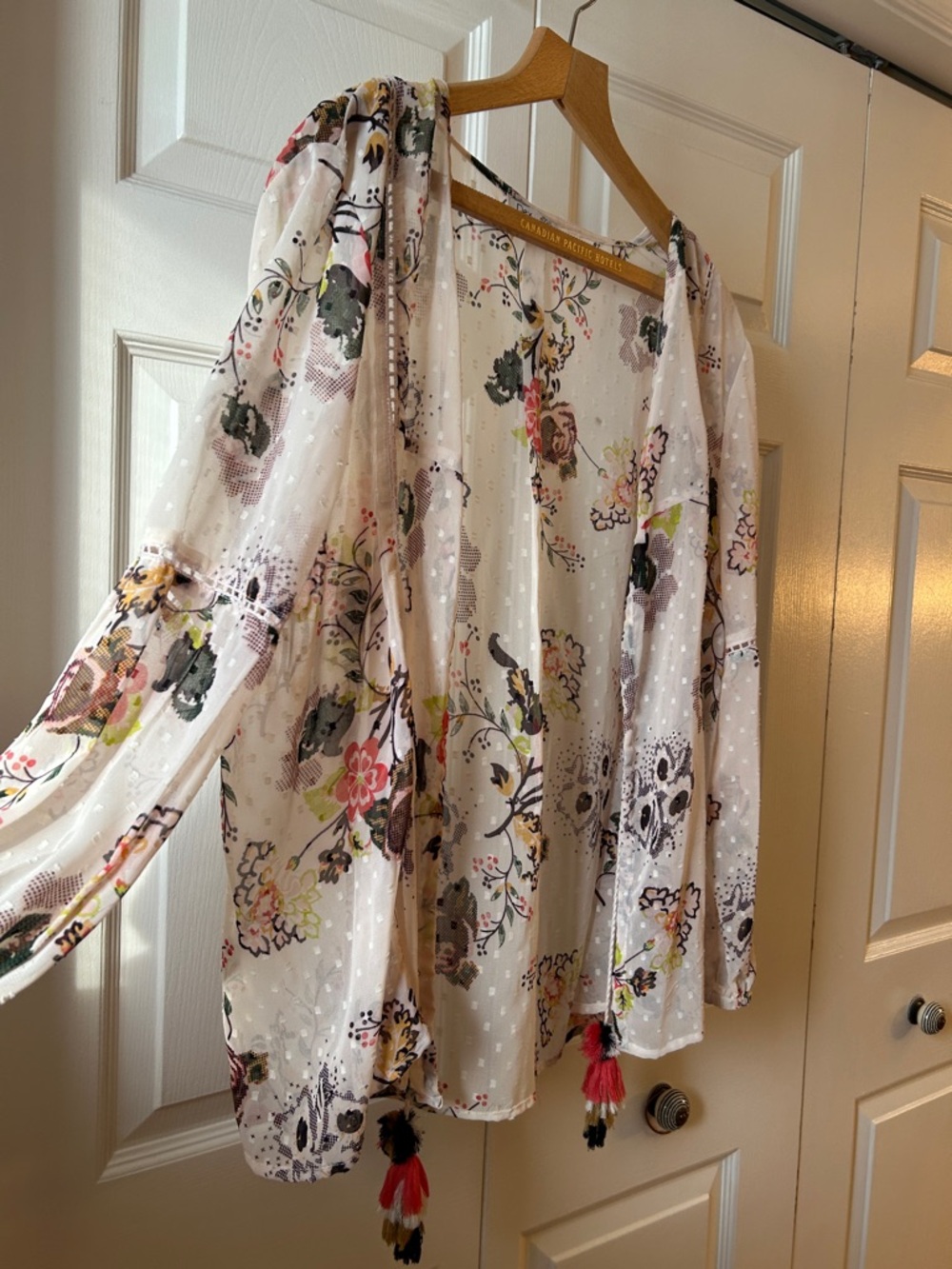 1x Cream Sheer Floral Kimono jacket with Pink & Blue Accents & tassel detail